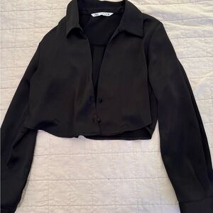 Zara Black Satin Women's button up Cropped Blouse